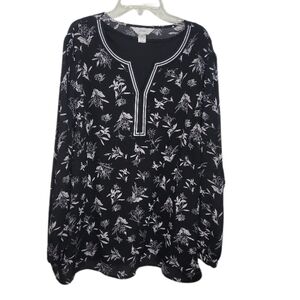 CJ Banks black white floral print v neck peasant top with attach cami size 1X